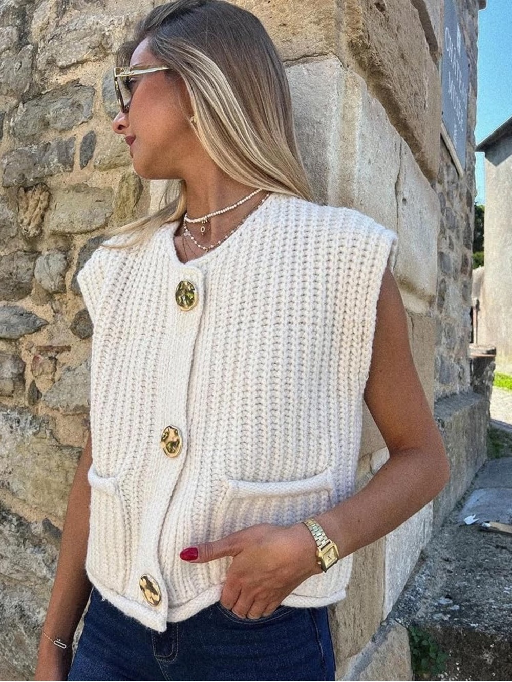 Cream Knit Button-Front Vest Sweater - Sleeveless Cardigan